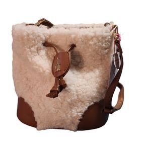 Isaac Mizrahi Balck Sherpa Fuzzy Faux Leather Hobo Shoulder Bag Purse Drawstring